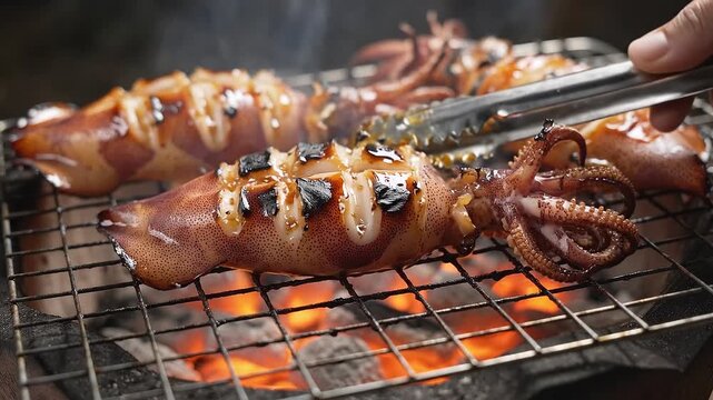 A hand turning Thai grilled squid with tongs over charcoal embers