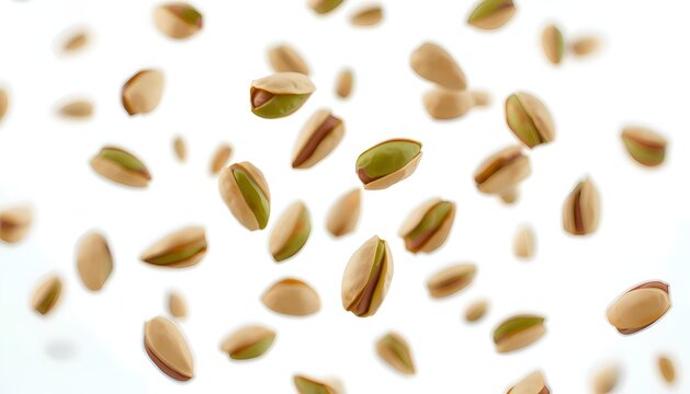 Shelled pistachio nuts floating mid-air against pure white background for food packaging design