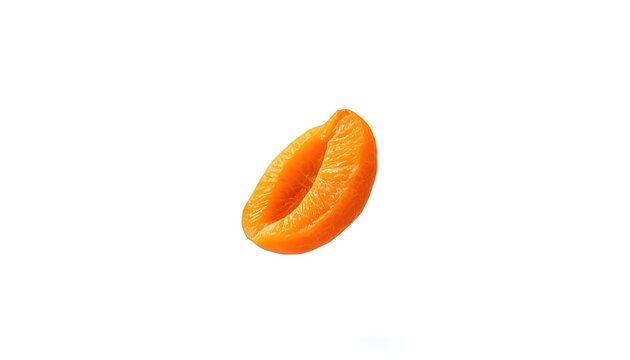 Dried apricot half floating in mid-air against clean white background for food packaging design