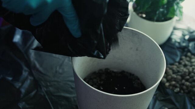 Pouring soil into flower pot from bag indoors