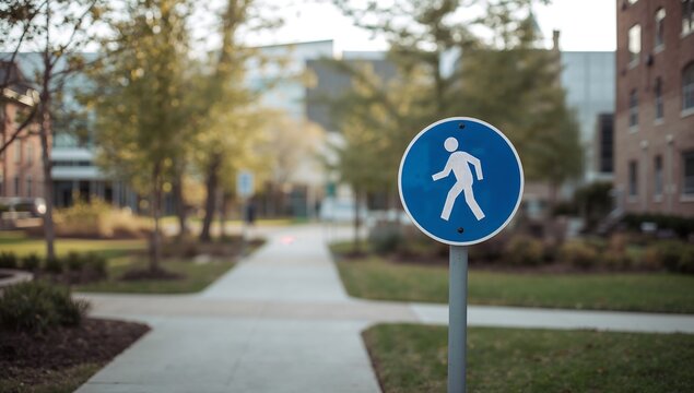 Generative AI depiction of a serene urban park pathway with a pedestrian sign
