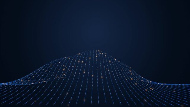 Futuristic digital blue wireframe mesh wave with glowing golden light particles on dark background