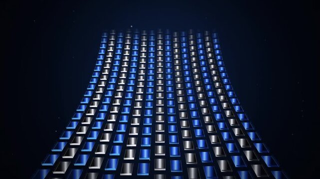 Futuristic Digital Grid Motion Background Featuring Glowing Blue and Silver Rectangular Prism Panels