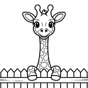 Cute cartoon giraffe head peeking over a wooden fence in a simple black and white line art coloring page style