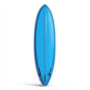 Surfboard Standing Tall: A sleek, vibrant blue surfboard with sharp fins stands ready for the waves, embodying the spirit of adventure and aquatic sport.