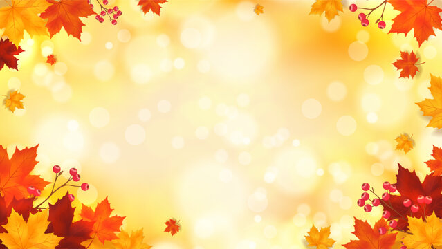 Bright autumn background with golden yellow and orange gradient, glowing bokeh lights, falling maple leaves and decorative leaf frame, warm seasonal copy space for banners, flyers and posters design