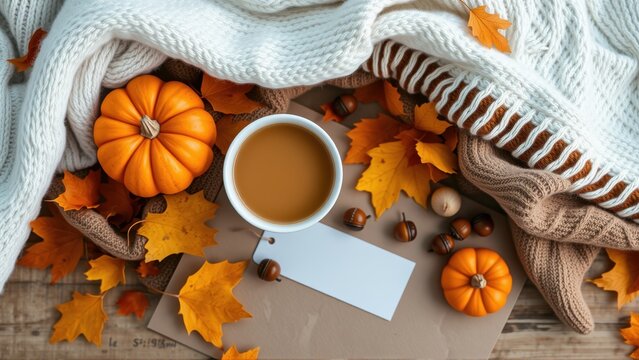 Autumn scene. Pumpkins, leaves, coffee, cozy blanket create warm fall vibes. Rustic wooden surface completes composition.