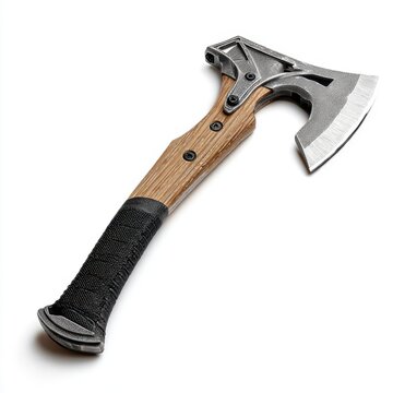 Tactical Axe: A close-up, studio shot of a modern tactical axe with a steel blade and a wooden handle, showcasing its sharp edge and rugged design.