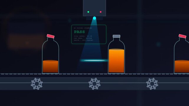 2D Animated Industrial machine vision system scanning bottles for quality control inspection automation