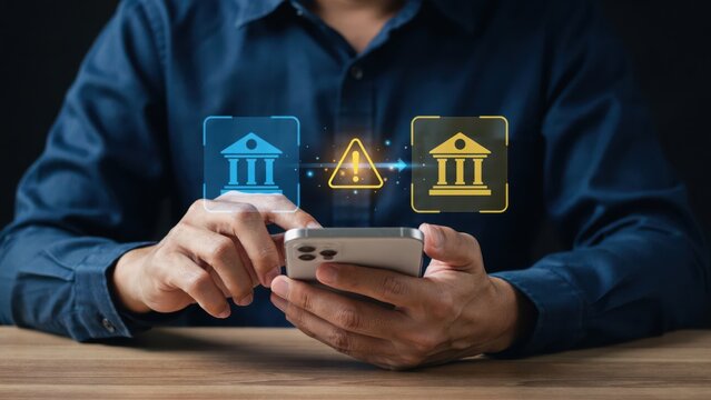 Bank transfer warning icon on smartphone