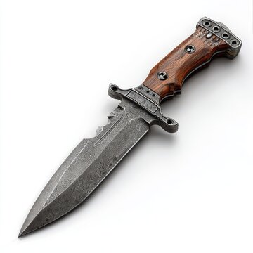 Tactical Combat Knife: A rugged combat knife with a weathered steel blade and a textured wooden handle, designed for survival and tactical use.