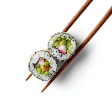 Sushi Roll Appetizer: Two halves of a delicious sushi roll, featuring fresh avocado and seafood, are held aloft by wooden chopsticks, ready to be savored.