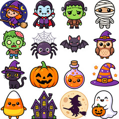 Obraz premium Halloween EPS, Cute Spooky Character Collection With Witch, Vampire, Ghost And Pumpkin, Halloween Vector Bundle