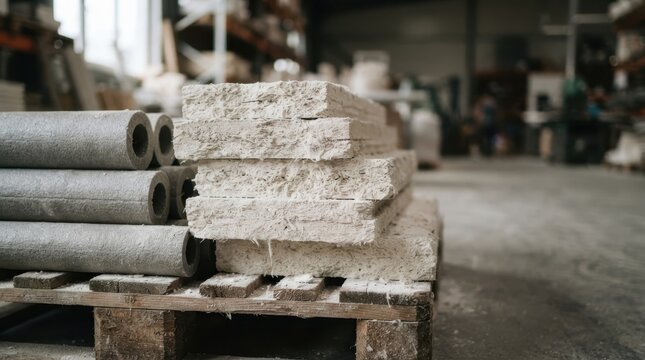 Calcium silicate insulation boards and pipe sleeves stacked on warehouse pallets for fireproof construction supply