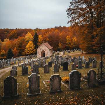 Historic Stone Chapel Cemetery Surrounded by Vibrant Autumn Forest on Overcast Day