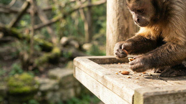 Monkey cracking open a nut with both hands on a weathered wooden ledge