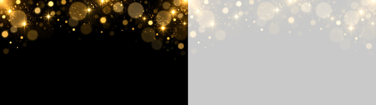 Cornice superiore con stelle scintillanti dorate e polvere di luce bokeh su sfondo trasparente, elemento decorativo PNG per composizioni grafiche natalizie e celebrazioni