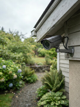 Black security camera with water droplets on a grey wood sided house wall