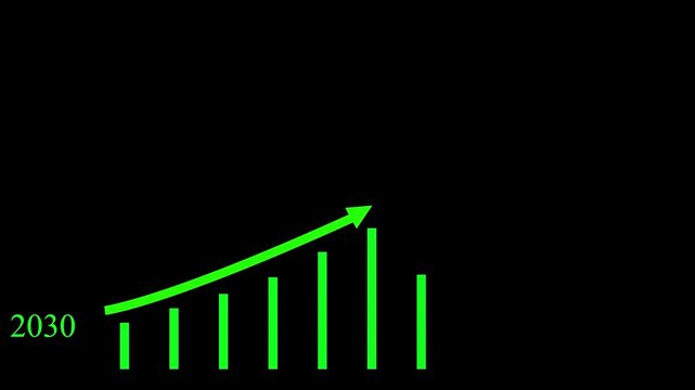 Business graph chart with upward trend arrow white color animation on royal green grid line background.
