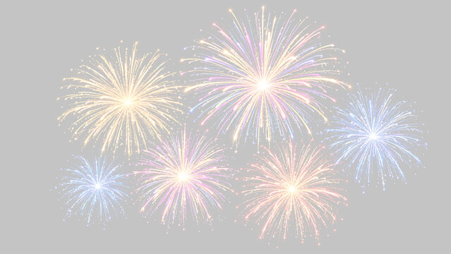 Spettacolo di fuochi d'artificio scintillanti con bagliori dorati e azzurri per celebrazioni di Capodanno, elemento pirotecnico isolato su sfondo trasparente in formato PNG
