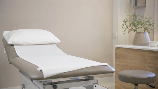 Medical table examination bed clinic healthcare pillow white clean modern empty sterile Clean modern medical examination bed with white pillow