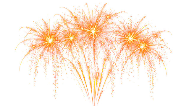 Spettacolo di fuochi d'artificio dorati a ventaglio con scie luminose e cascata di scintille, composizione pirotecnica festiva isolata su sfondo trasparente in formato file PNG