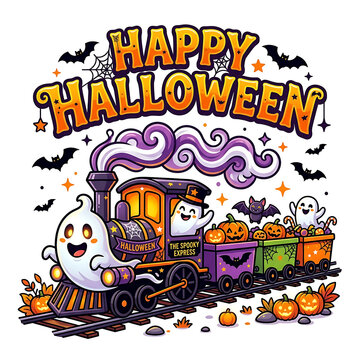 Halloween ghost train vector illustration with cute spooky characters, smiling ghosts, and pumpkins riding on railroad tracks