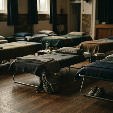 Row of empty folding cots in a brick walled temporary shelter dormitory
