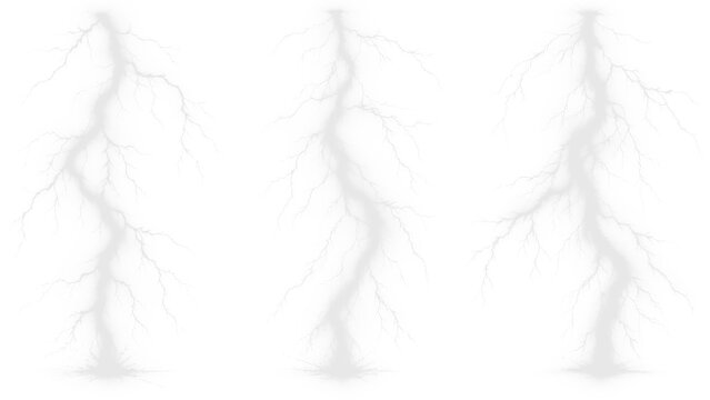 Tre fulmini verticali bianchi ed effetti di scarica elettrica luminosa isolati su sfondo trasparente in formato PNG per grafica digitale, rendering e composizioni visive dinamiche