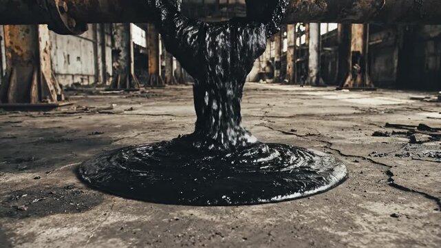 Viscous black tar dripping from a rusted industrial pipe onto a cracked and grimy concrete floor in a factory.