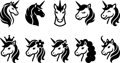 Fototapeta premium Cute unicorn head and portrait black silhouette vector icon set