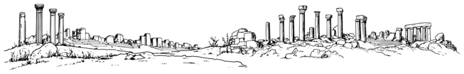 Obraz premium Archaeological landscape with ancient temple ruins and pillars in hand drawn sketch style