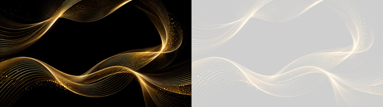 Onde dorate astratte con linee curve luminose e particelle glitter scintillanti su sfondo trasparente, elemento grafico PNG elegante per design di lusso e copertine moderne