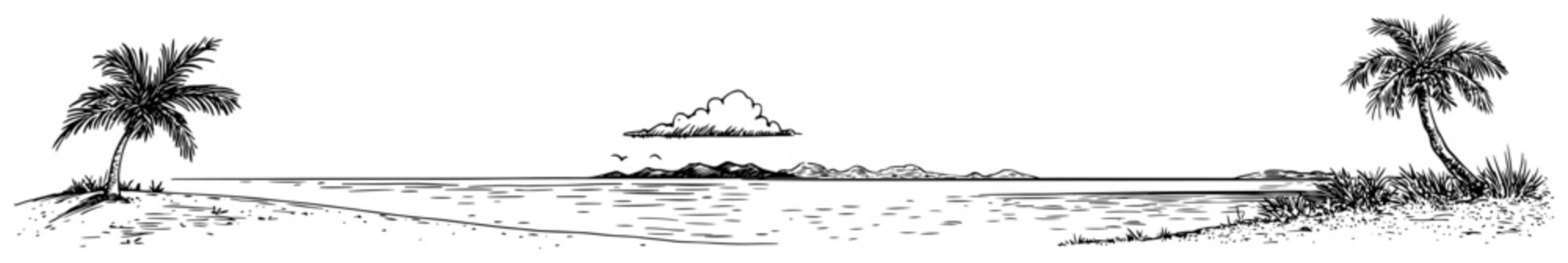 Tropical beach landscape with palm trees and ocean horizon in hand drawn doodle style