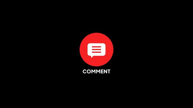 Minimalist red comment icon, social media feedback button, speech bubble comment animation on black background