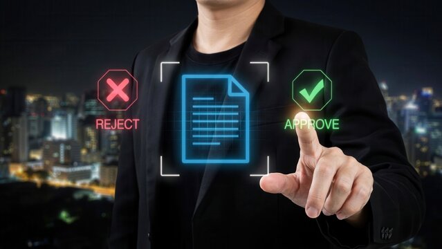 Businessman approving digital document on virtual screen