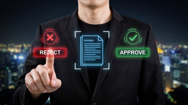 Businessman approving or rejecting a digital document