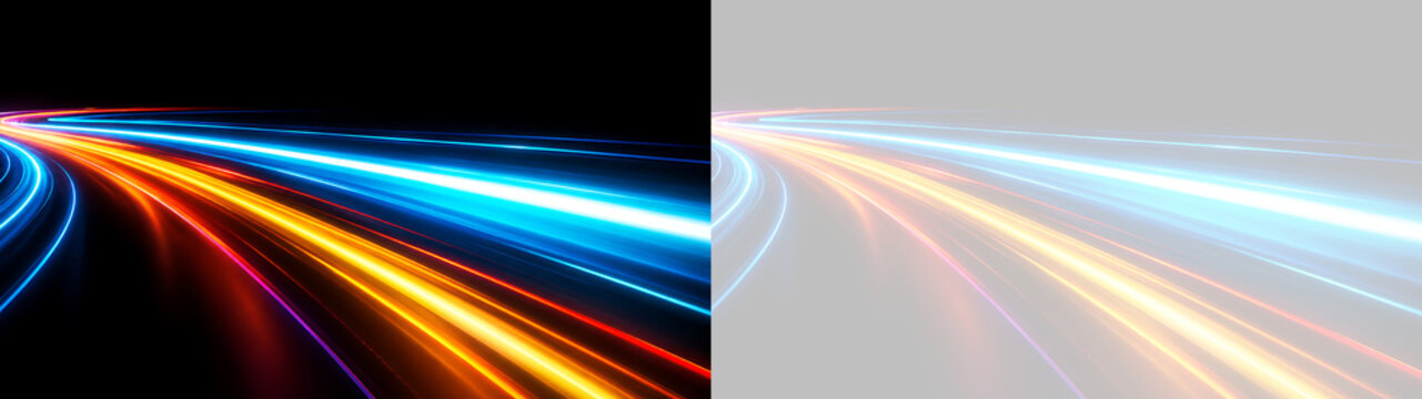Scie luminose curve di traffico notturno con effetto di velocita su fondo nero e isolato su sfondo trasparente PNG per composizioni grafiche moderne e design ad alta tecnologia