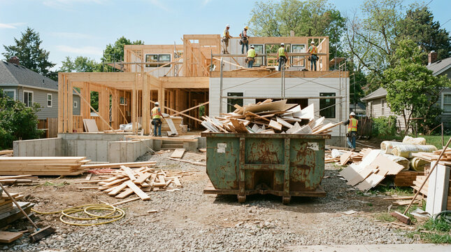 Builders framing the upper storey of a timber house on a sunny lot in daylight