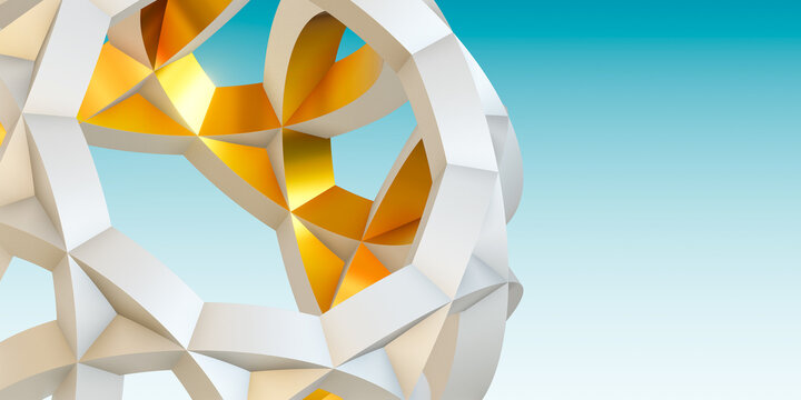 3D render of geometric sphere with luxury gold and clean white polygon elements. Abstract tech background for business, science, and creative design.