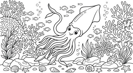Obraz premium An enchanting underwater scene featuring a playful octopus and various marine life perfect for creative coloring