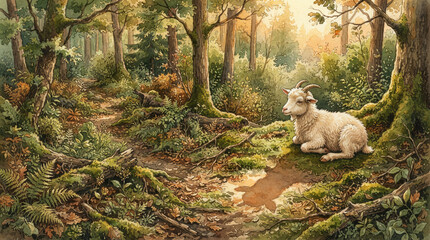 Fototapeta premium White goat sitting on moss beside a winding path in a dense green forest
