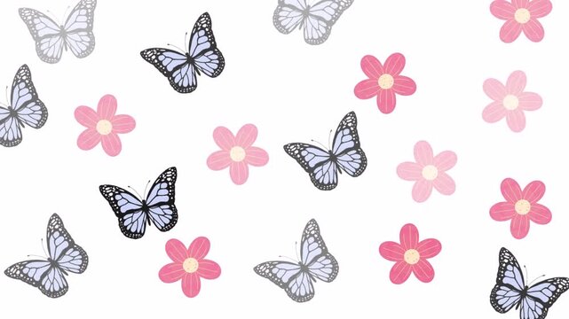Seamless pattern with butterflies and pink flowers on white background