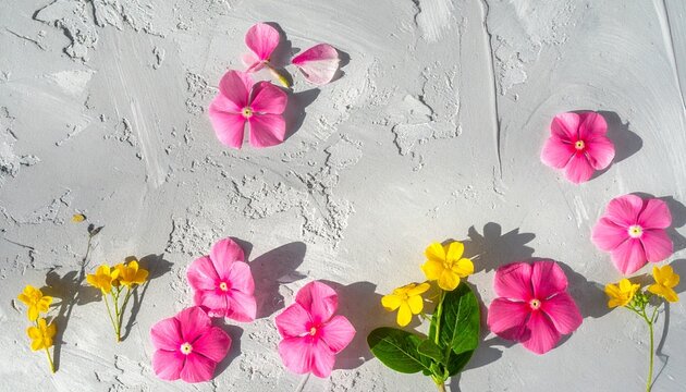 Fresh pink catharanthus roseus and yellow flowers arranged in minimalist top-down composition on neutral concrete surface