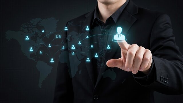 Businessman interacting with a global network interface
