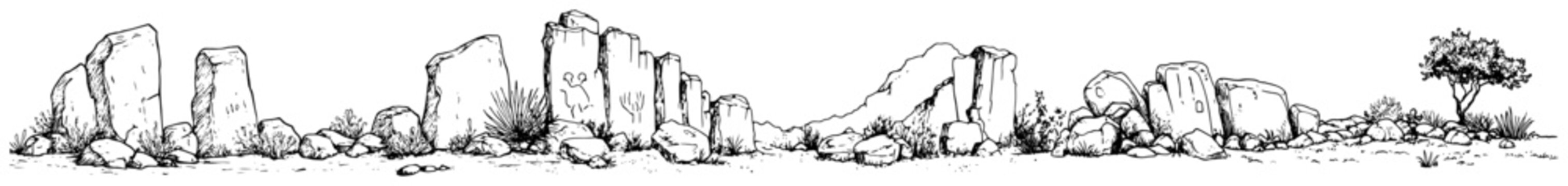 Megalithic standing stones and rock formations panoramic landscape in hand drawn ink sketch style