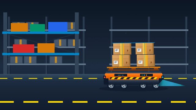 2D animated AGV Automated Guided Vehicle Robot in Smart Warehouse Logistics Factory Illustration