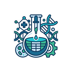 Fototapeta premium Laboratory science research concept with glass flask and chemistry symbols