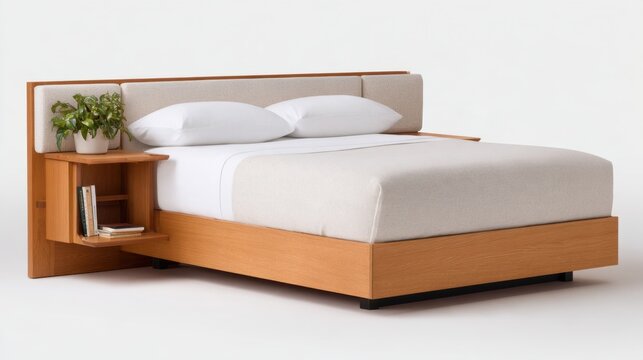 A modern wooden bed featuring a simple design, white bedding, and a side table with a plant