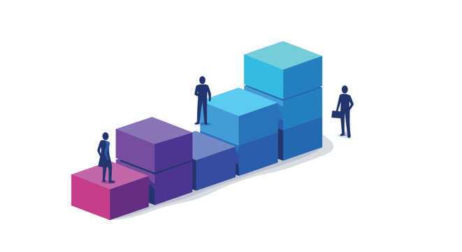 Conceptual isometric bar graph representing business growth and success with people standing on different levels of the colorful blocks.